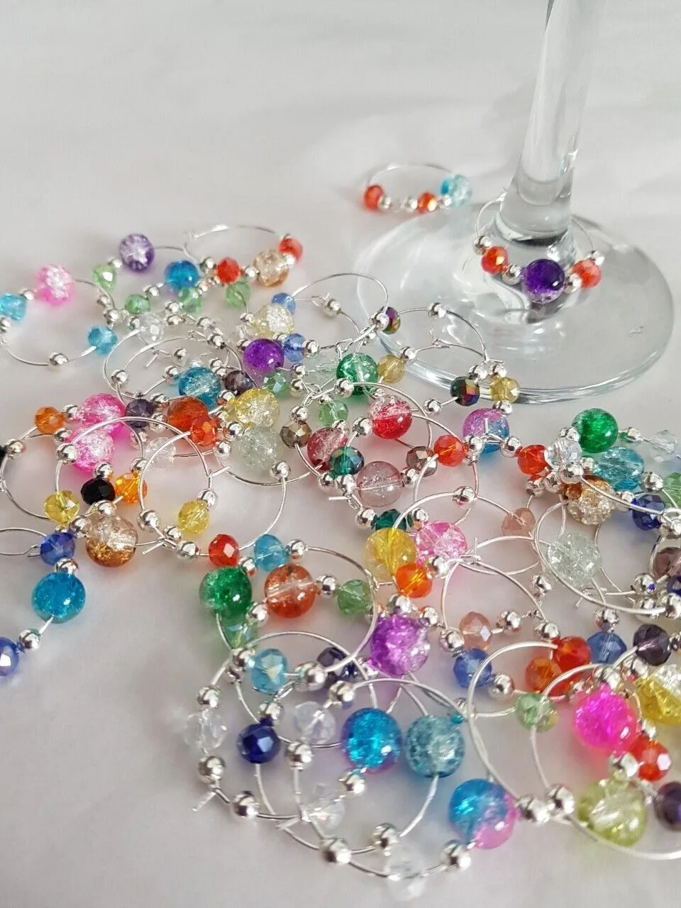 Set Of 6 Wine Glass Charms Crackle Glass Beads