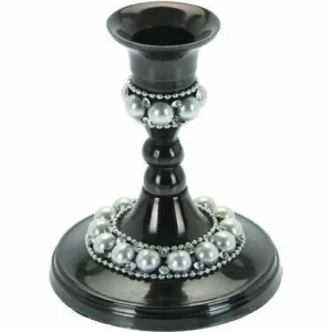 Black Candle Holder with Pearl and Rhinestones.